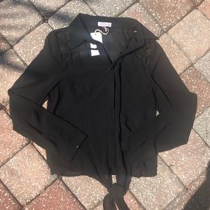 Black Long Sleeve Cut Out Sheer Blouse - Size L